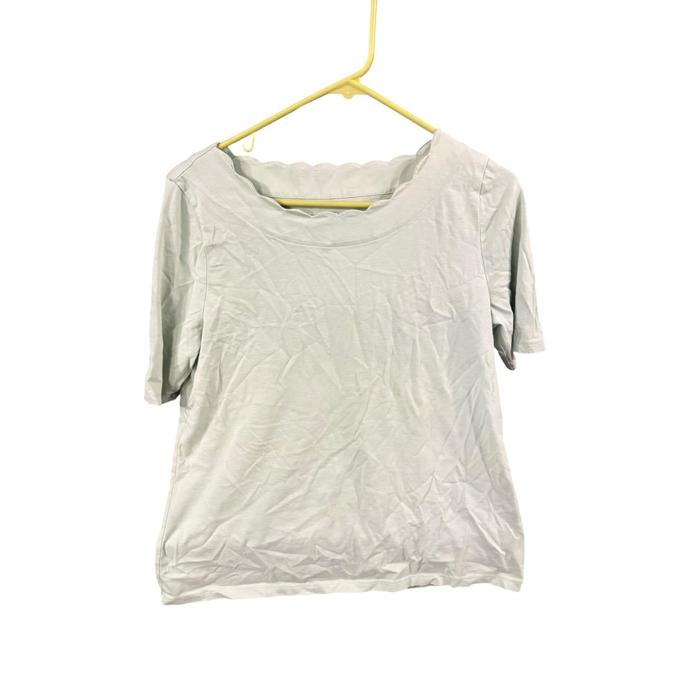 Talbots Petite Womens Sage Green Scalloped Neck Pima Cotton Short Sleeve Top LP